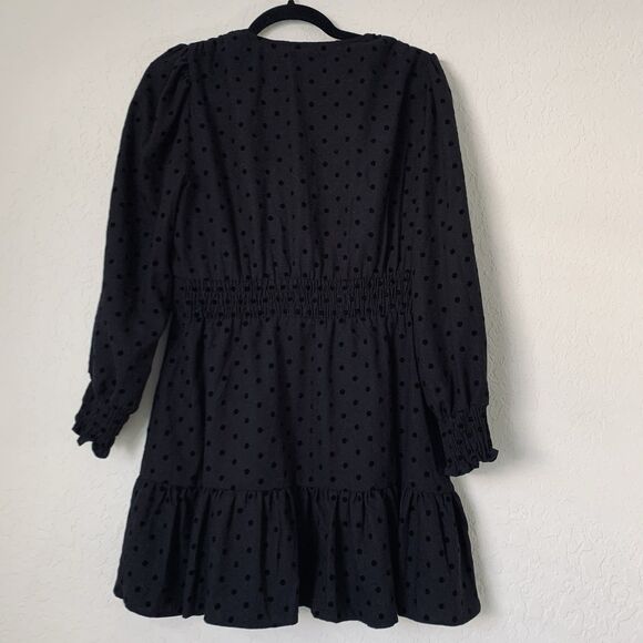 Zara Dress M Black Mini Velvet Polka Dot Long Sleeve Feminine Whimsygoth Peasant - Picture 2 of 8
